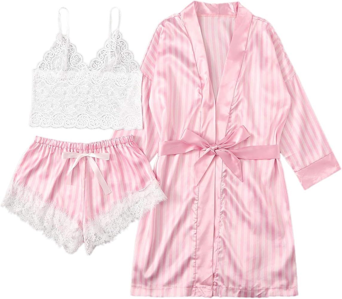 SheIn Women's Sheer Lace Bralette and Striped Shorts Pajama Lingerie Set with Robe | Amazon (US)