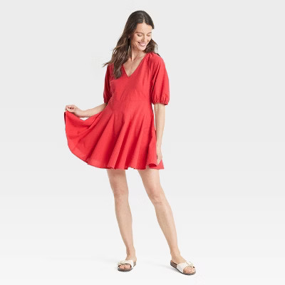 Women's Bell Elbow Sleeve Mini A-Line Dress - Universal Thread™ Red S | Target