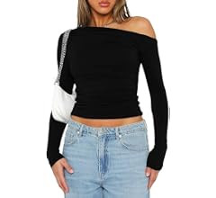 Darong Women's Casual Long Sleeve Boat Neck Off Shoulder Slim Fit Crop Top Going Out Blouses Y2K ... | Amazon (US)