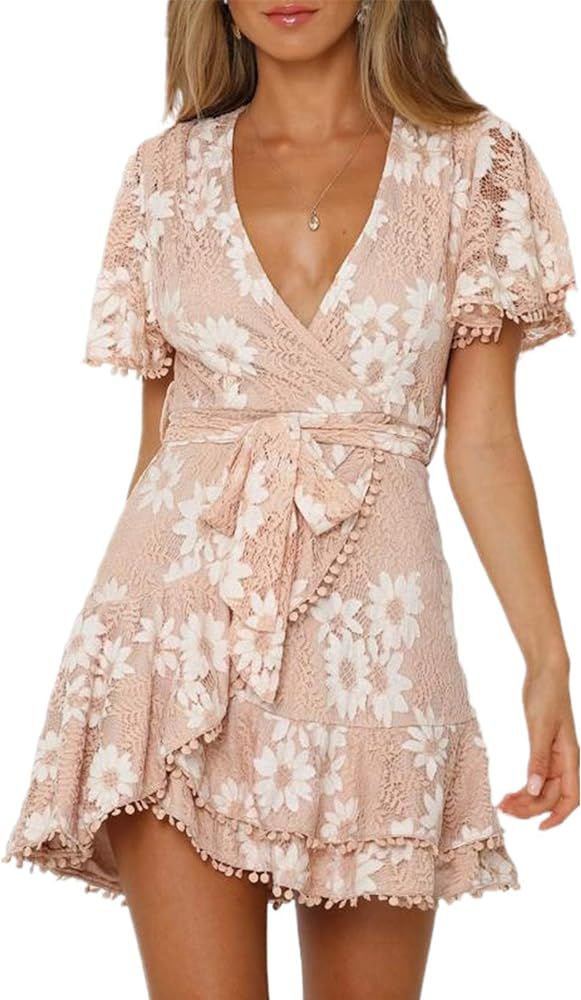 Happy Sailed Womens Summer Wrap V Neck Floral Lace Pom Poms Bowknot Mini Short Dresses(S-XL) | Amazon (US)