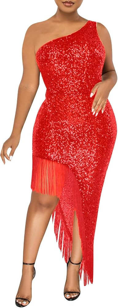 Women's Sparkly Sequin Elegant One Shoulder Tassels Bodycon Dress Cocktail Evening Party Formal F... | Amazon (CA)