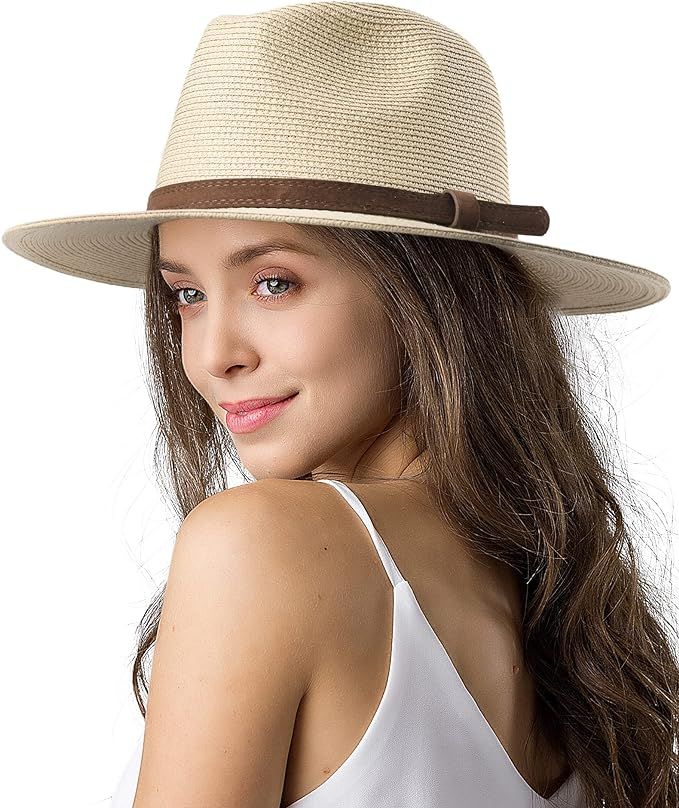 Womens Mens Wide Brim Straw Panama Hat Fedora Summer Beach Sun Hat UPF Straw Hat for Women (Ae-Be... | Amazon (US)
