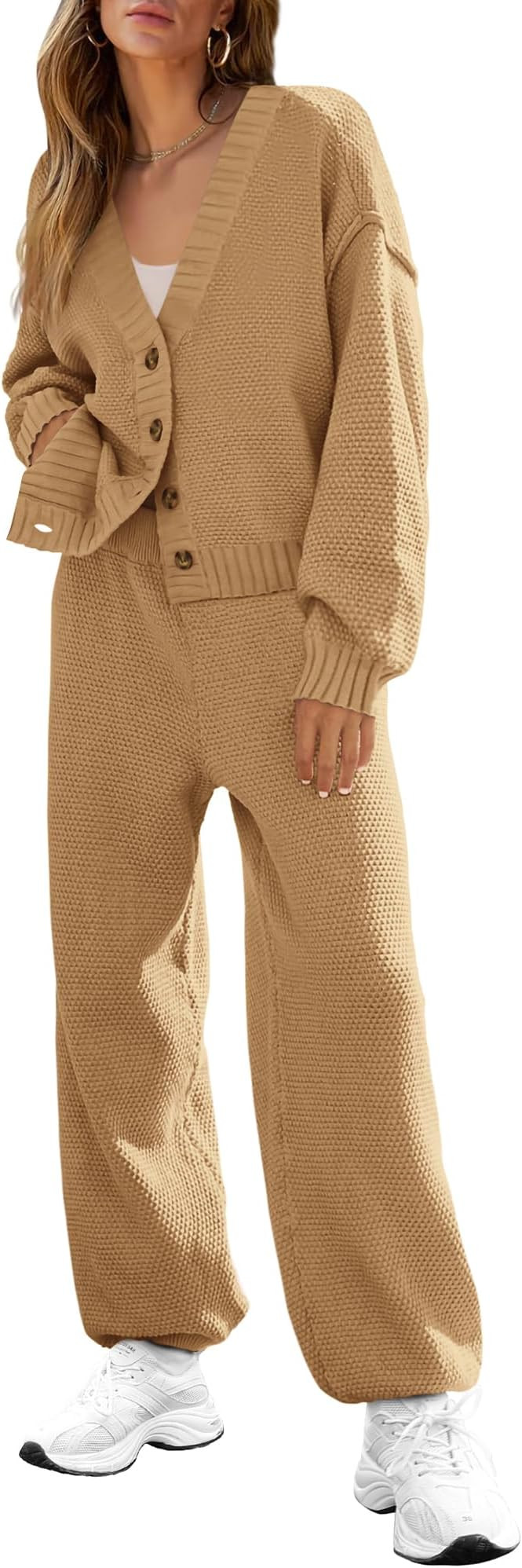 BTFBM Women 2 piece Outfits Fall Knit Sweater Sets Loose Casual Button Down Cardigan Long Pants M... | Amazon (US)