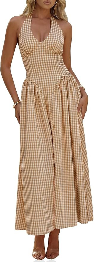 Wenrine Womens Halter V Neck Corset Maxi Dresses Summer Plaid Smocked Tie Back Backless Wedding G... | Amazon (US)