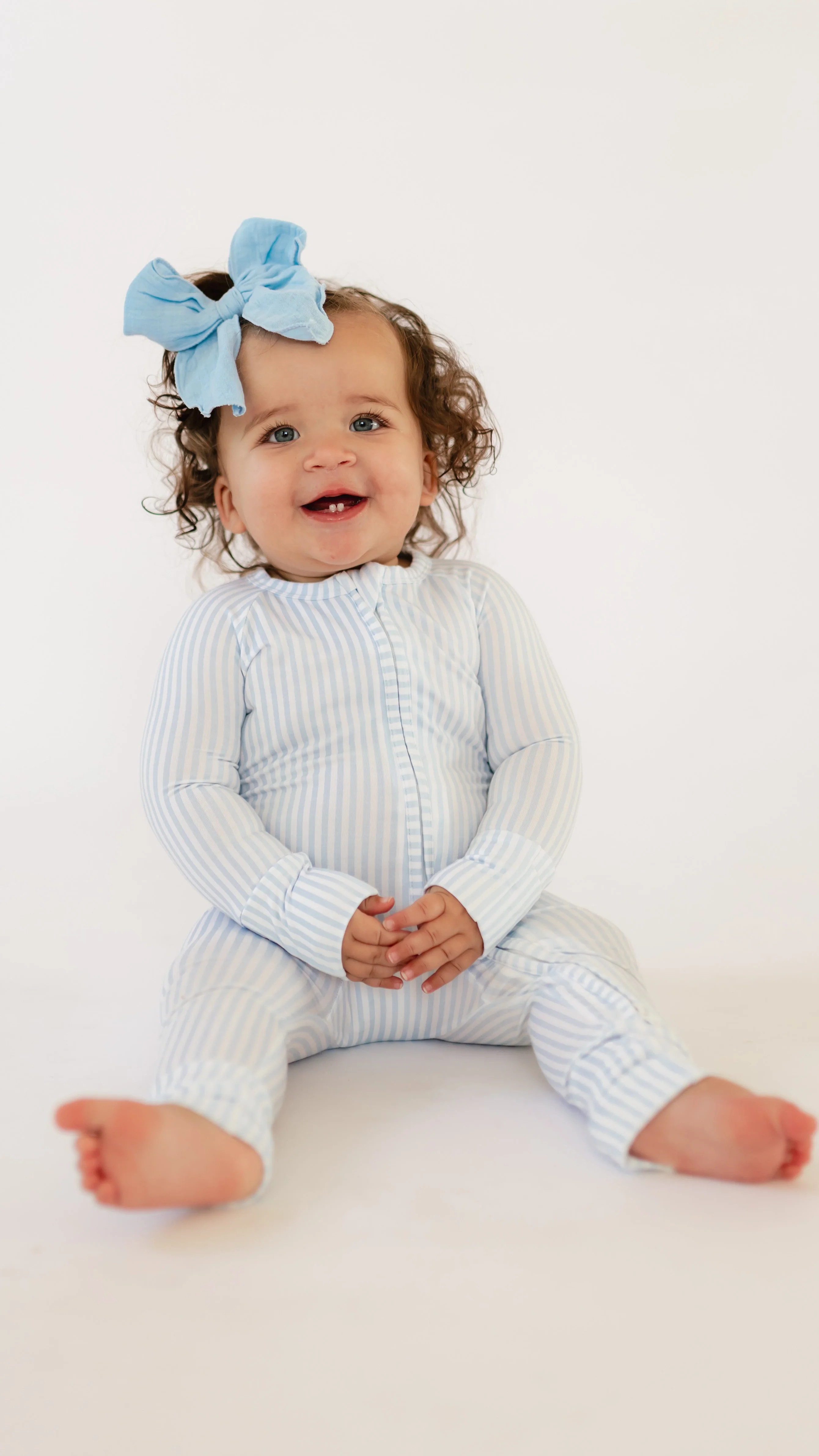 Infant Romper in Blue Pin Stripes | Silks Design