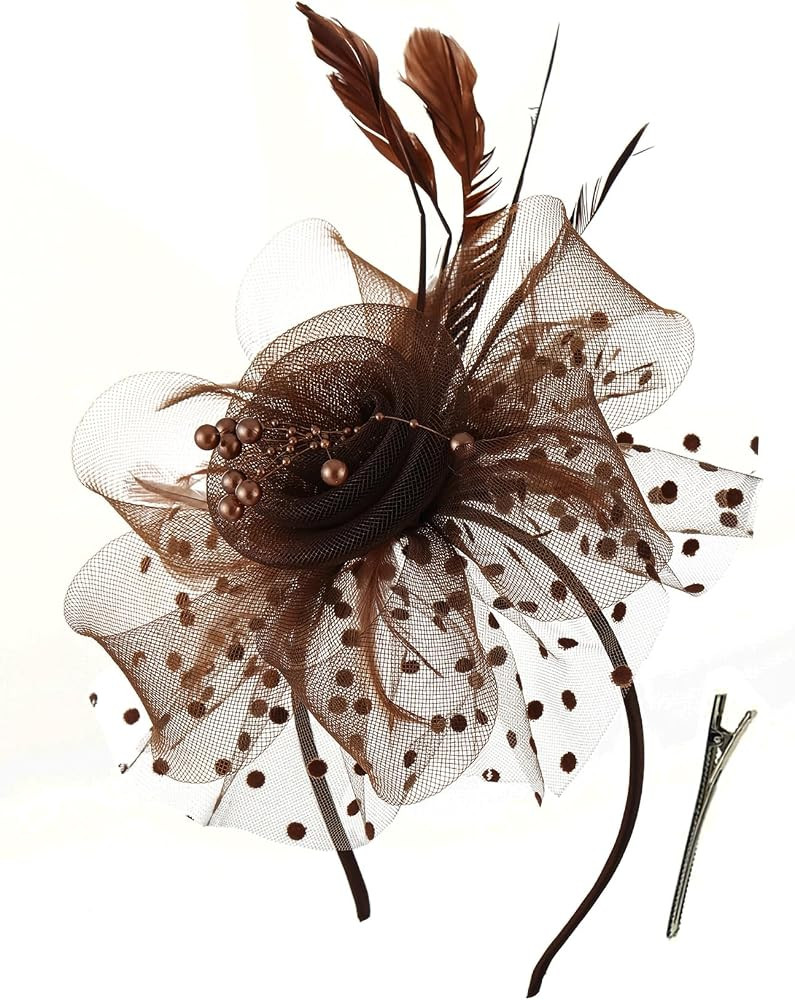 Women's Fascinators Tea Party Wedding Mesh Flower Pearl Feather Fascinator Hat with Headband and ... | Amazon (US)