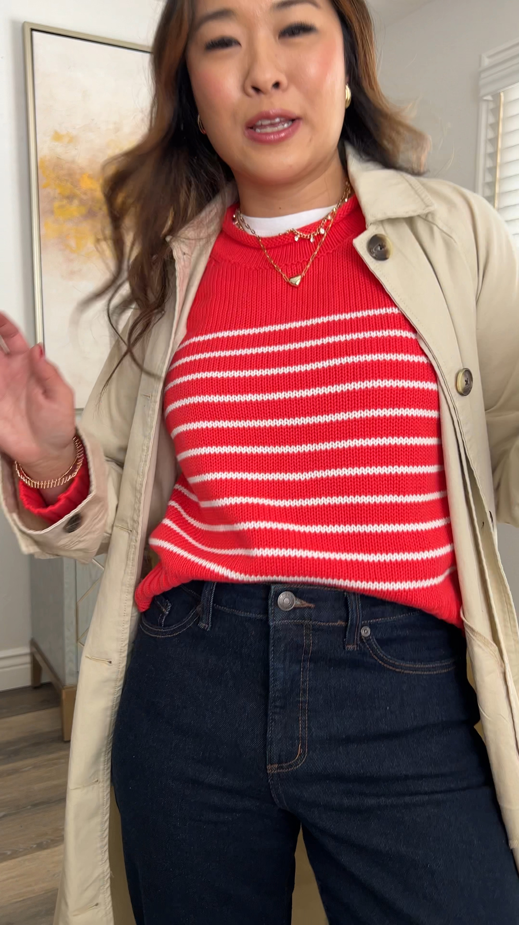 Tee: Medium
Sweater: Medium
Trench Coat: Small
Denim: 6