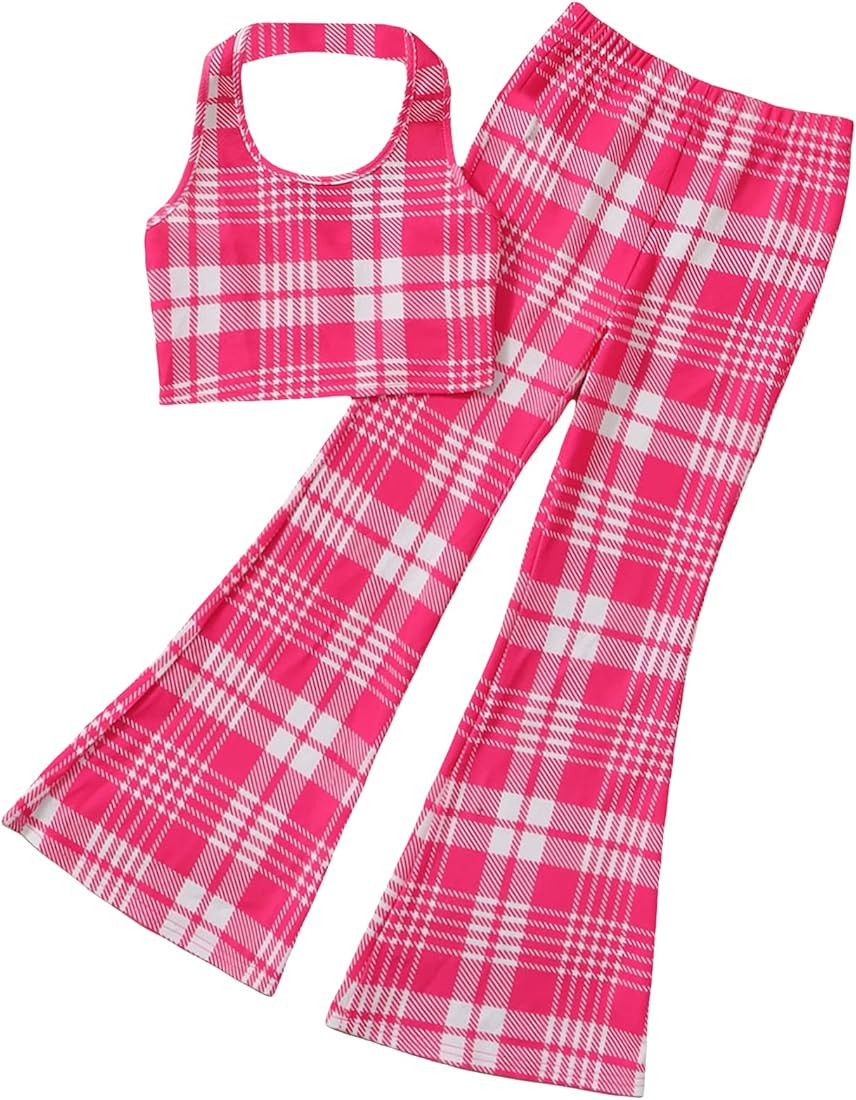 OYOANGLE Girl's 2 Piece Outfits Plaid Halter Crop Top and Bootcut Flare Leg Pants Set | Amazon (US)