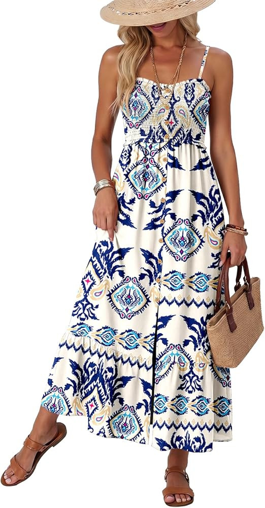 Dokotoo Womens Summer Dresses 2026 Sleeveless Spaghetti Strap Button Down Smocked Beach Vacation ... | Amazon (US)