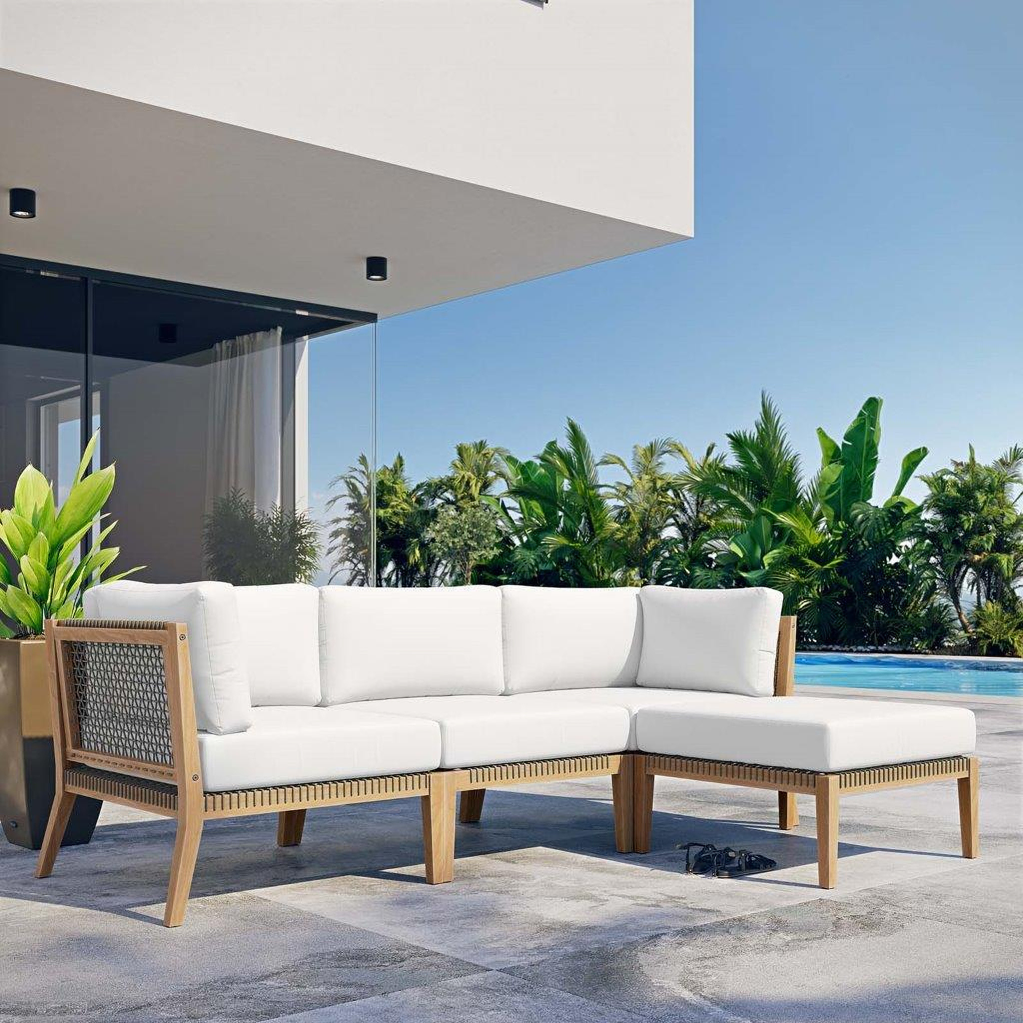 Clearwater Outdoor Patio Teak Wood 4 Piece Sectional Sofa In Gray White | 1stopbedrooms