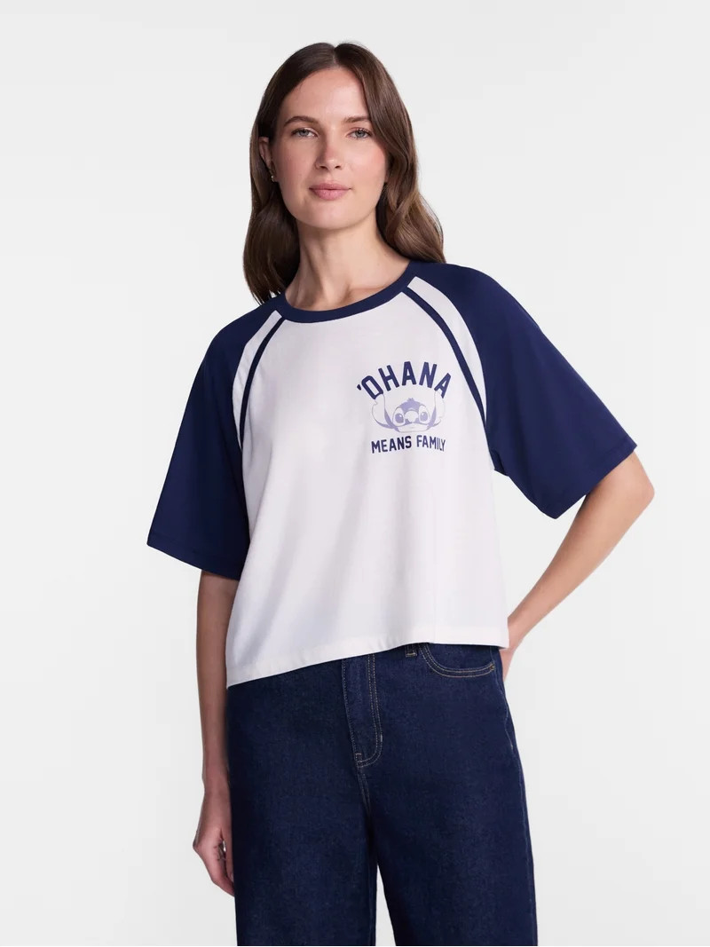 Disney Stitch Women\u2019s Graphic Skimmer Raglan Tee with Short Sleeves, Sizes XXS-XXL | Walmart (US)