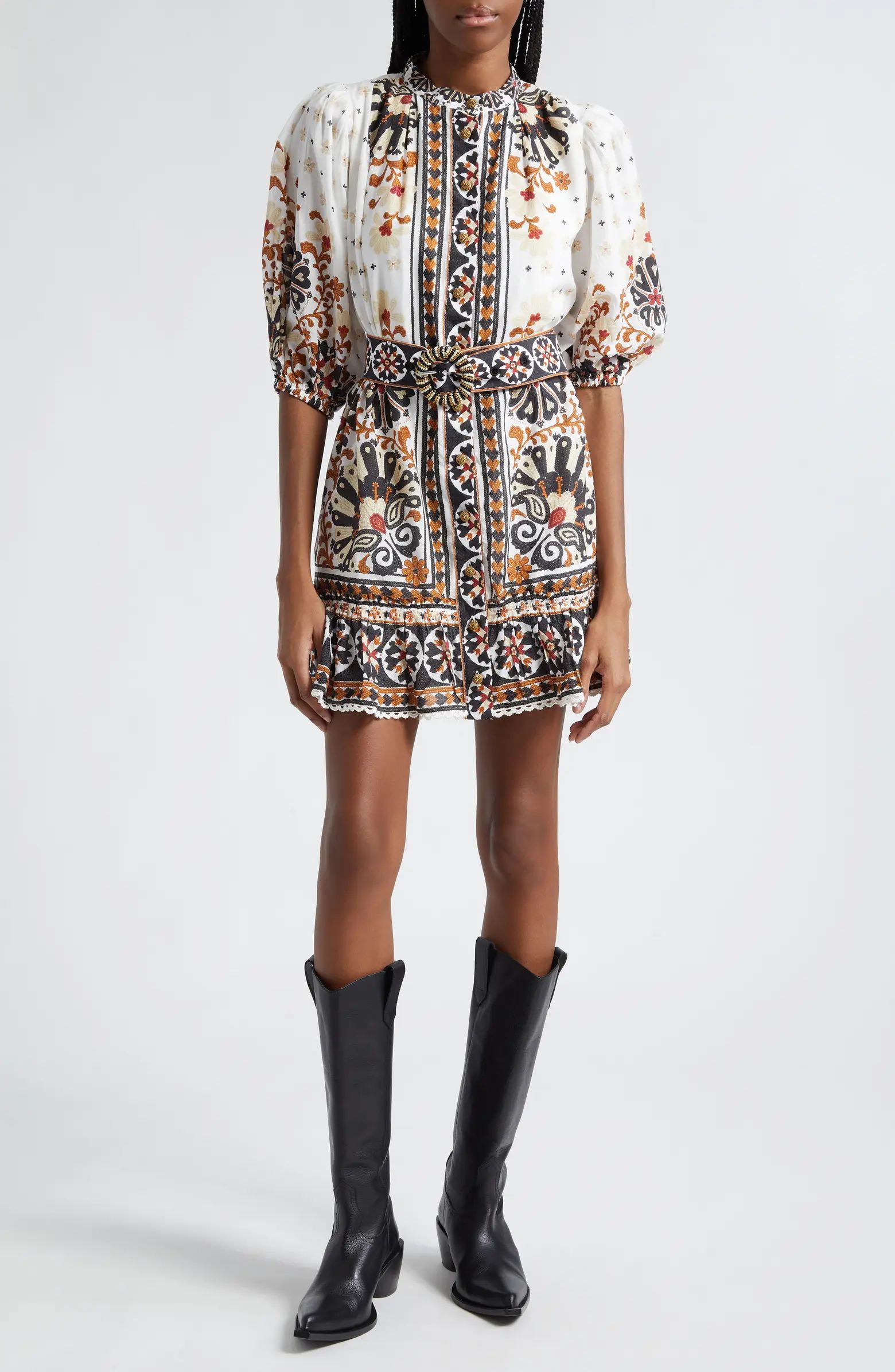 Flower Fan Tapestry Print Puff Sleeve Belted Mini Shirtdress | Nordstrom