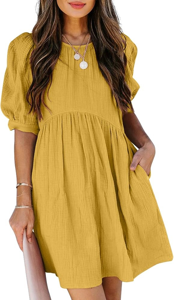 Dokotoo Womens Spring Summer Crewneck Puff Sleeve Chiffon Elegant Empire Waist Mini Short Swing S... | Amazon (US)