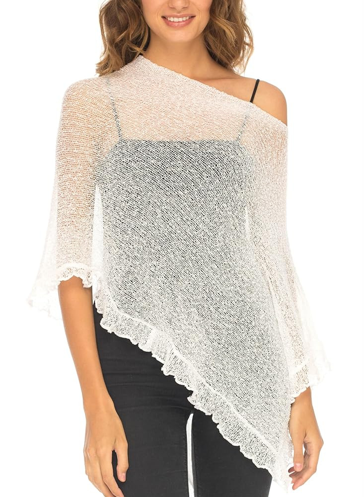 SHU-SHI Womens Sheer Poncho Shrug Lightweight Knit Ruffle Pullover Sweater Top | Amazon (US)