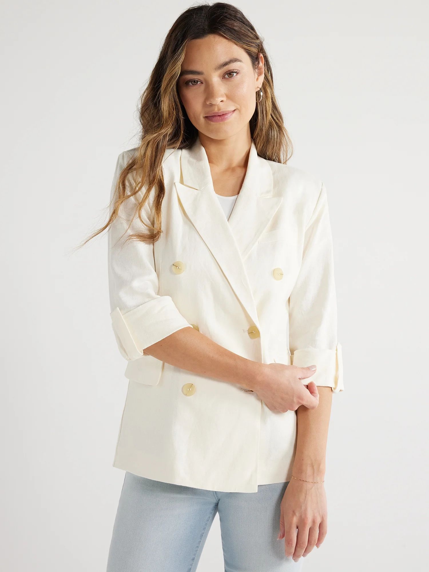 Sofia Jeans Women's and Women's Plus Double Breasted Linen Blend Blazer, Sizes XS-5X | Walmart (US)