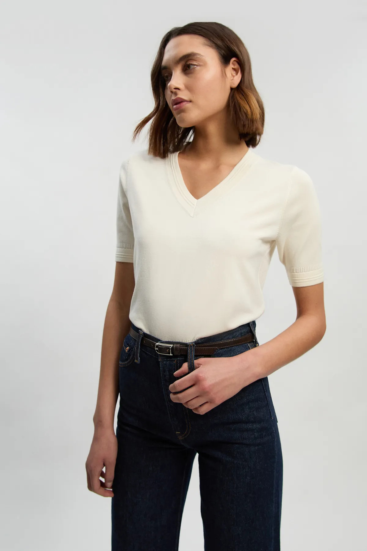 Forever Viscose Blend V Neck Knitted Short Sleeve Top | Karen Millen