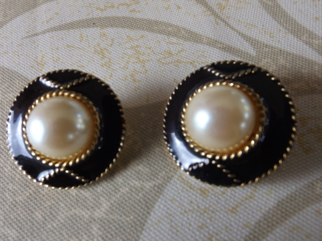 Black Enamel with Large Faux Pearl, Pierced Earrings, Fashion Earrings | Etsy (US)