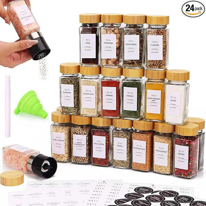 Spice Jars - 24 Pcs, Spice Jars with Labels, Glass Seasoning Jars with Bamboo Lids, Seasoning Con... | Amazon (US)