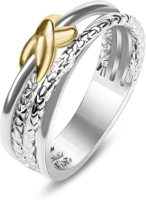 Two Tone Gold and Silver Rings For Women Fashion Designer Jewelry Twisted Crossover Cable Wire Ba... | Amazon (US)