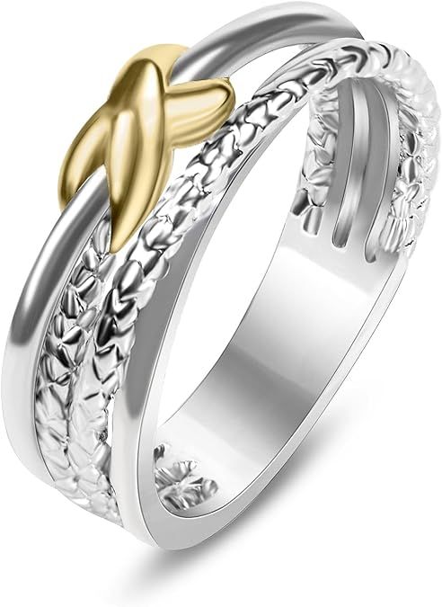 Two Tone Gold and Silver Rings For Women Fashion Designer Jewelry Twisted Crossover Cable Wire Ba... | Amazon (US)