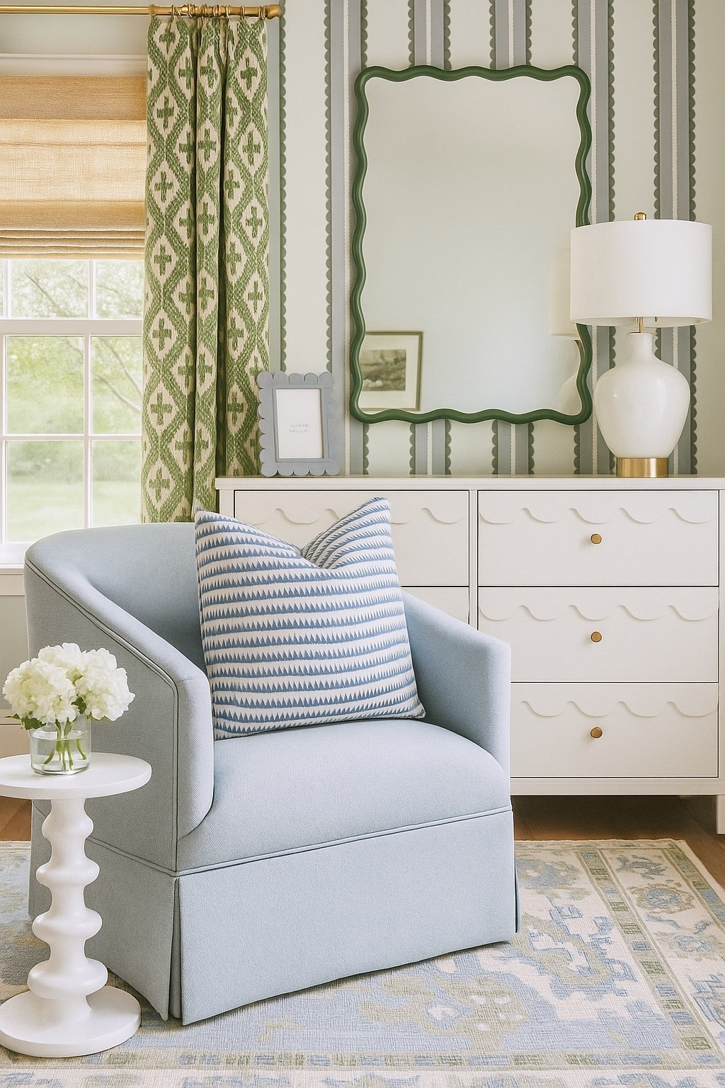 A fun blue and green bedroom filled with scallops and patterns

#bedroom #wallpaper #curtains #homedecor

#LTKKids #LTKHome #LTKSaleAlert