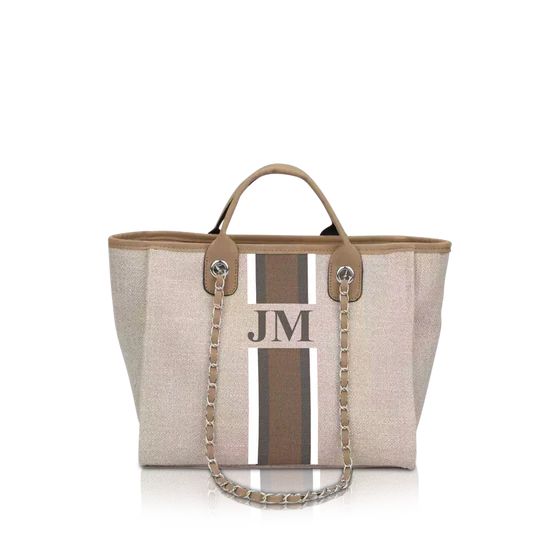 The Lily Canvas Tote Bag Soft Fawn White, Grey and Beige Stripe | Lily and Bean