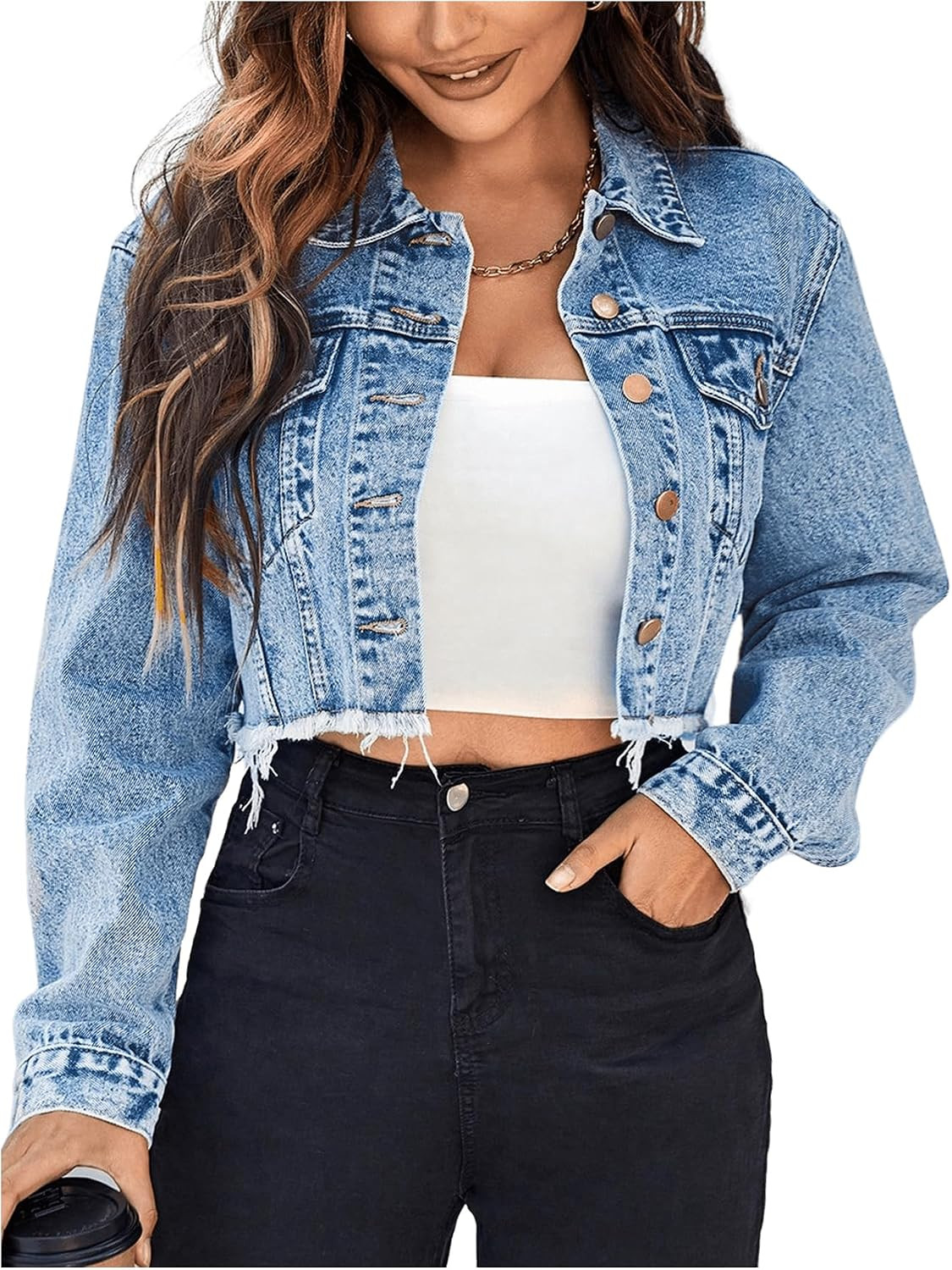 Floerns Women's Cropped Denim Jean Jacket Raw Hem Long Sleeve Button Down | Amazon (US)