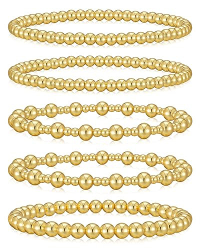 Howoo 18K Gold Plated Bracelets for Women Beaded Bracelets Stack Stretch Bead Ball Jewelry for Women Trendy | Amazon (US)