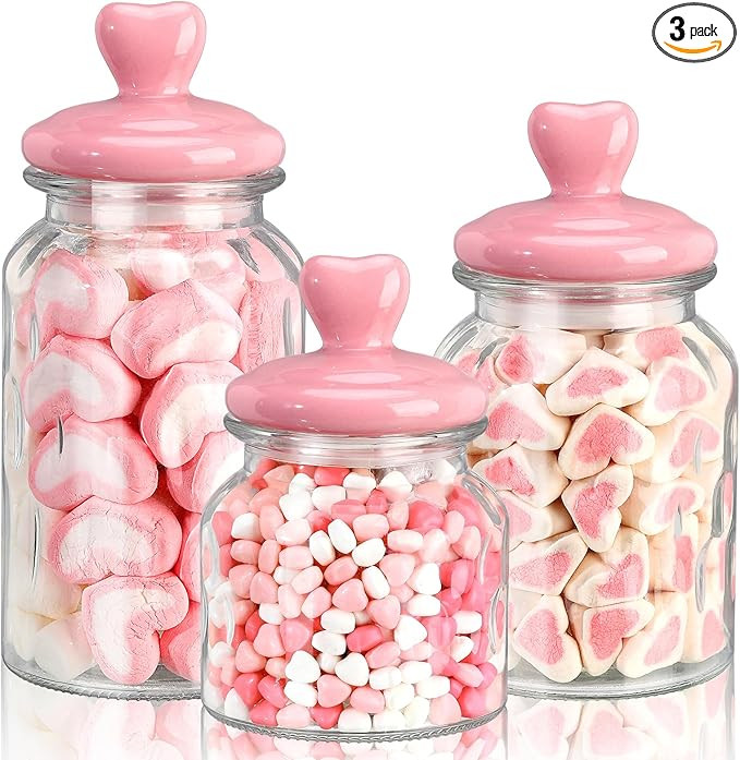 Vesici 3 Pcs Valentine's Day Pink Cookie Jars Candy Glass Jars with Heart Lids 22 32 45 oz Clear ... | Amazon (US)