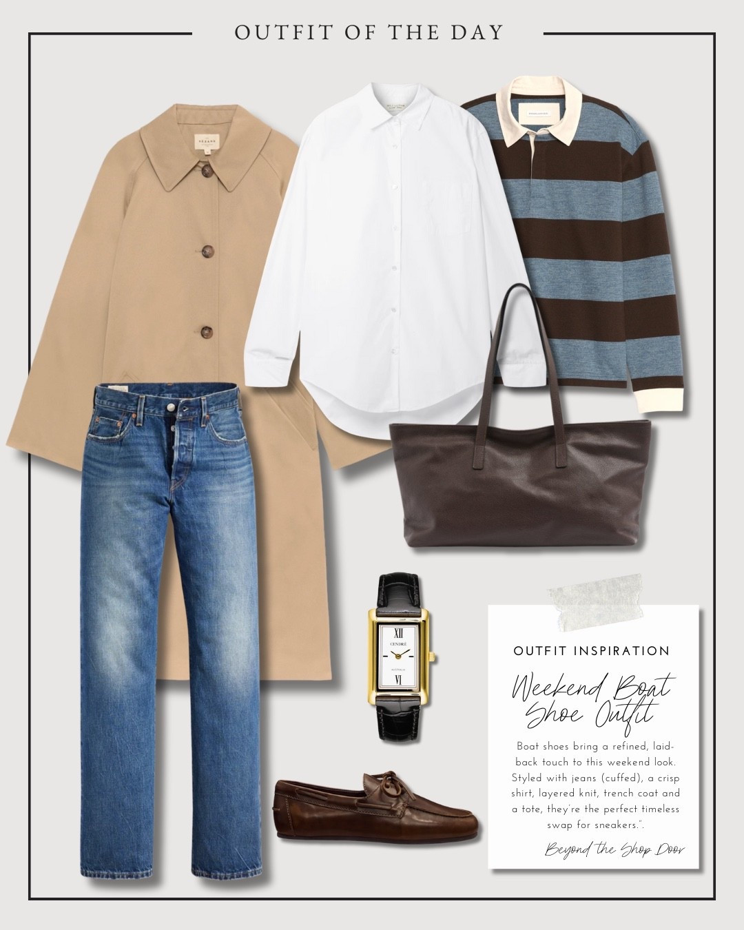 Boat Shoe Outfit Inspiration- Outfit of the Day Edit

Boat shoes bring a refined, laid-back touch to this weekend look. Styled with jeans (cuffed), a crisp shirt, layered knit, trench coat and a tote, they’re the perfect timeless swap for sneakers.”

Effortless Weekend Outfit Inspiration | Styling Boat Shoes

#LTKShoeCrush #LTKOver40 #LTKStyleTip