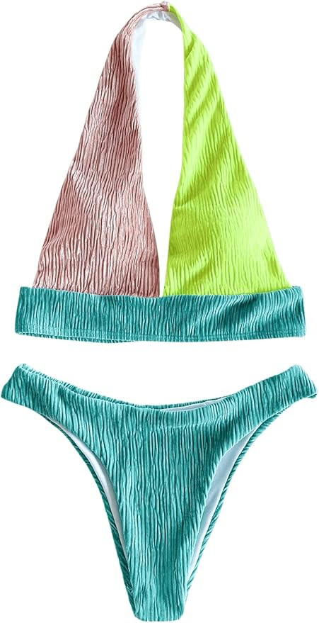 SweatyRocks Women's Colorblock 2 Piece Bathing Suit Halter High Cut Bikini Swimsuit | Amazon (US)