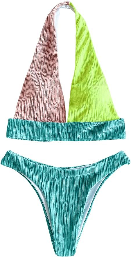 SweatyRocks Women's Colorblock 2 Piece Bathing Suit Halter High Cut Bikini Swimsuit | Amazon (US)