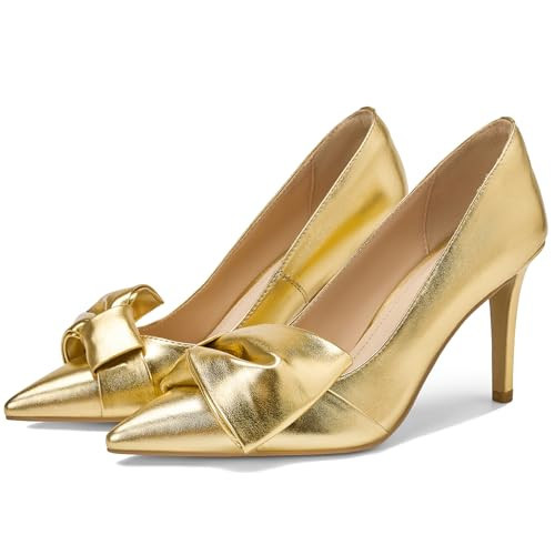 Moloershow Women's Bow Heels Closed Pointed Toe Pumps 3.3" Stiletto High Heels Slip on Business Comfy Dress Shoes Metallic Gold Size 9.5 | Amazon (US)