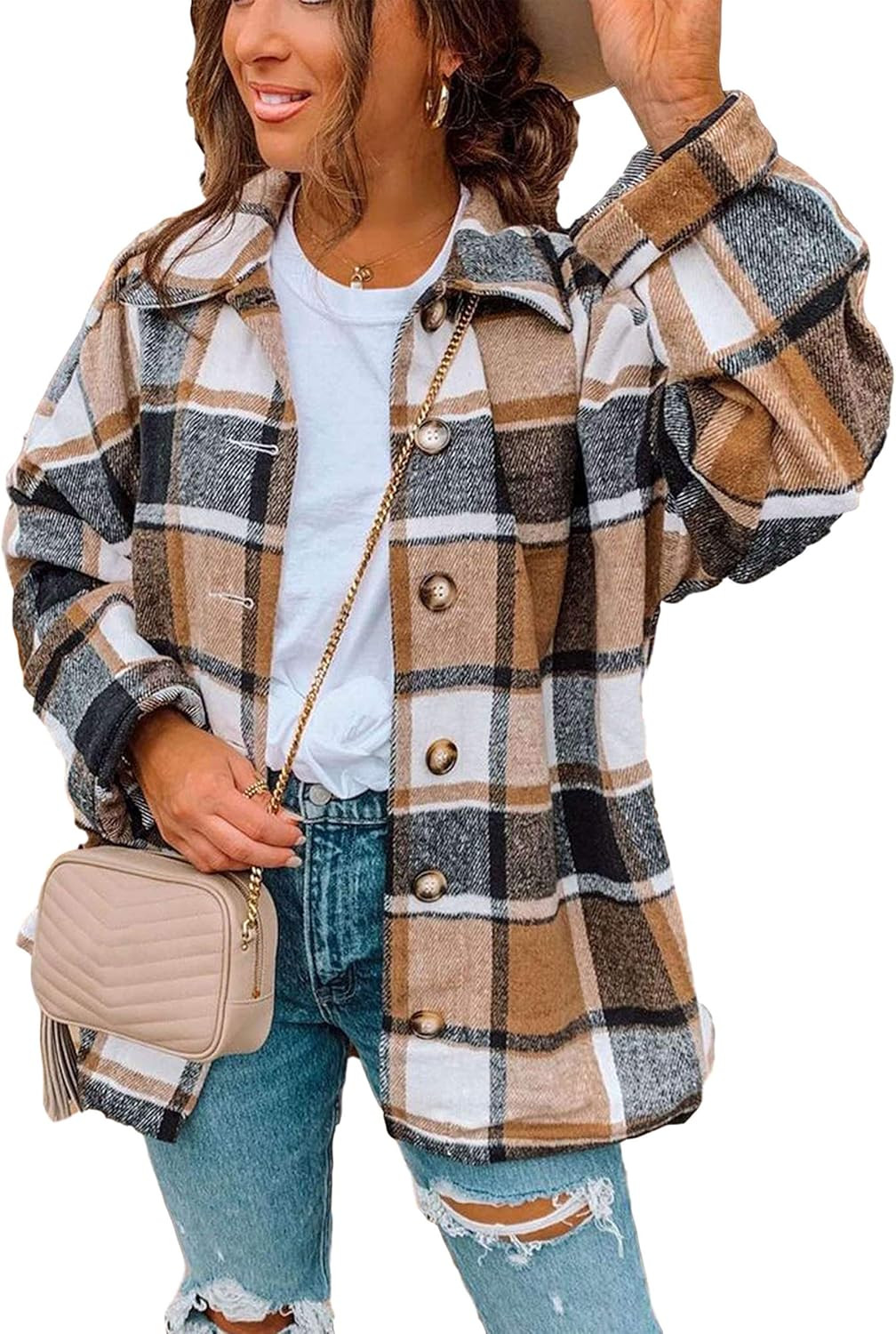 Himosyber Women's Casual Brushed Woolen Plaid Lapel Button Down Shacket Jacket Shirts Coat | Amazon (US)