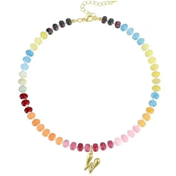 Women's Initials Necklace, Colorful Beaded Gemstone Bubble Letter Pendant Necklace Natural Stone ... | Walmart (US)