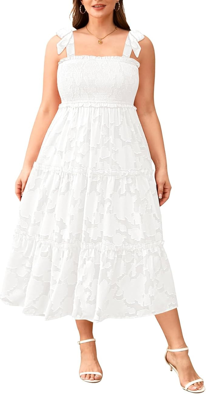 Plus Size Summer Dress - Sun Boho Beach Casual Floral Tiered Smocked Long Maxi Dresses | Amazon (US)