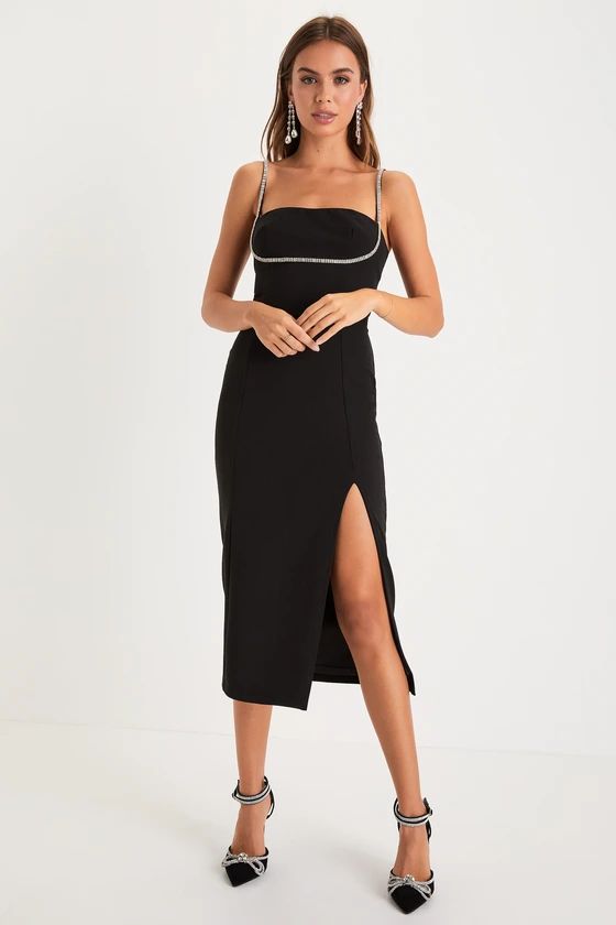 Upscale Flirt Black Rhinestone Sleeveless Bodycon Midi Dress | Lulus (US)