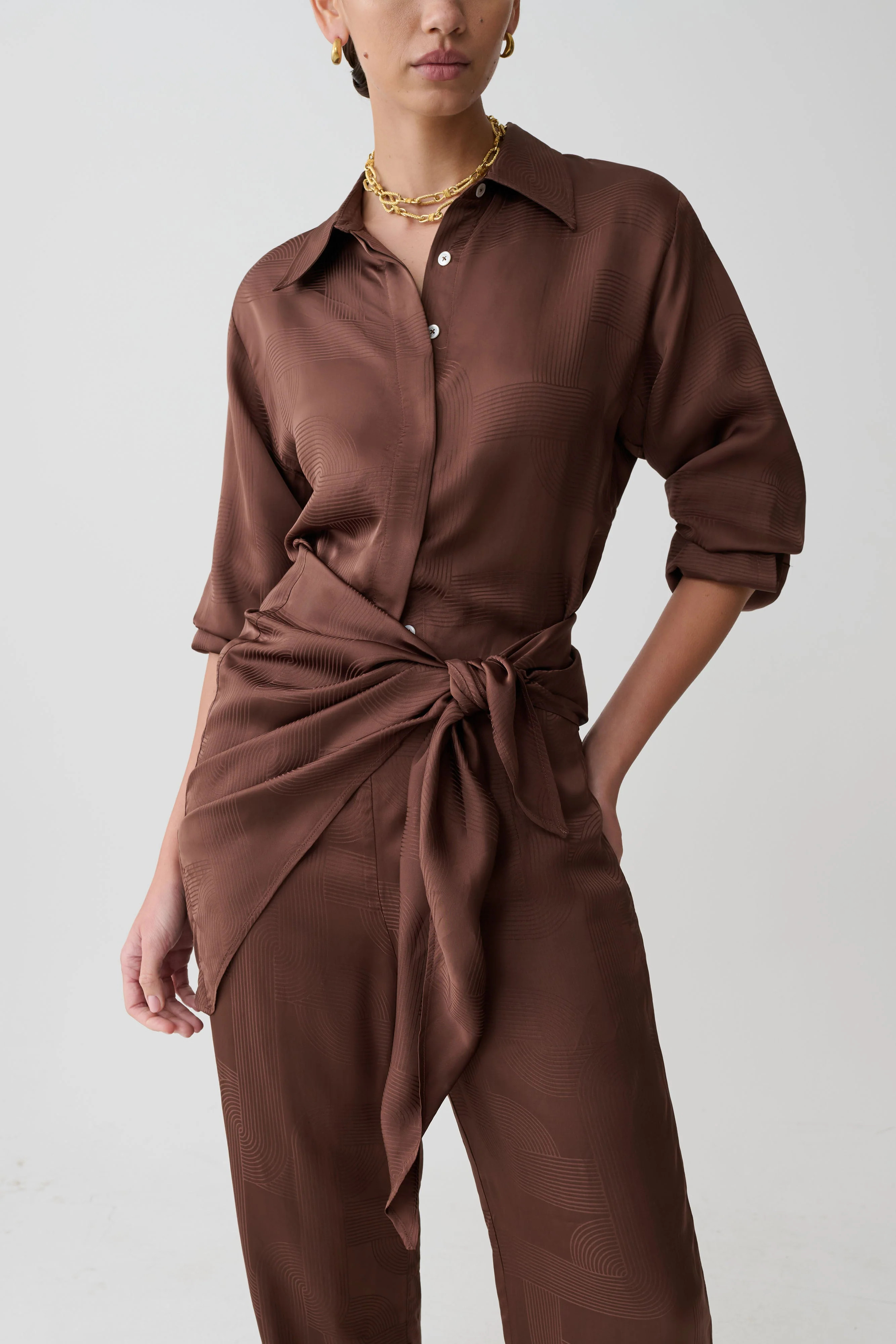 Long Sleeve Satin Shirt - Chocolate | MESHKI US