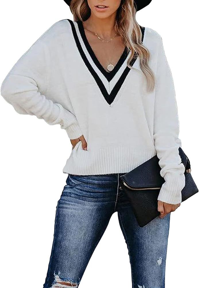 Dokotoo Cute Long Sleeve Sexy V Ncek Sweaters for Women Fashion Hand Knitted Sweater Tops | Amazon (US)