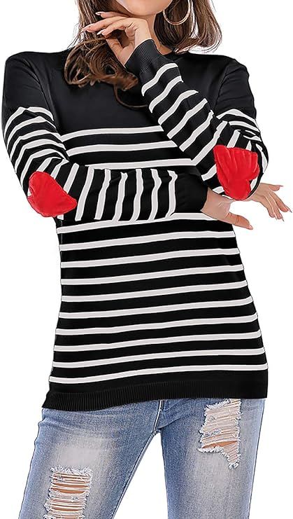 shermie Women's Cute Heart Pattern Elbow Patchwork Casual Long Sleeve Round Neck Knits Sweater Pu... | Amazon (US)