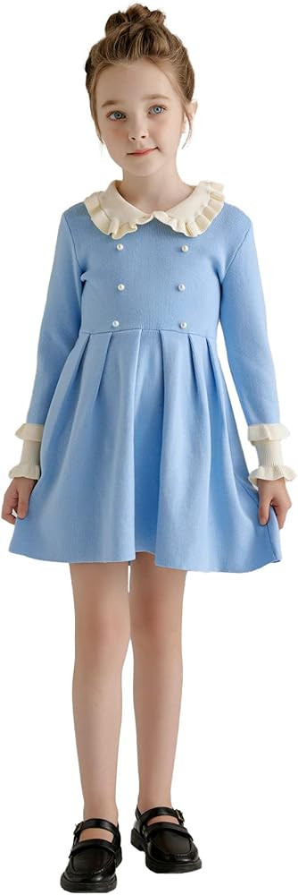 SMILING PINKER Girls Dresses Ruffle Peter Pan Collar Sweater Long Sleeve Knit Pleated Dress | Amazon (US)