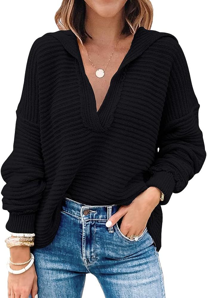 LILLUSORY Women's V Neck Oversized Sweaters Long Batwing Sleeve Collared Asymmetrical Hem Knit Pullo | Amazon (US)
