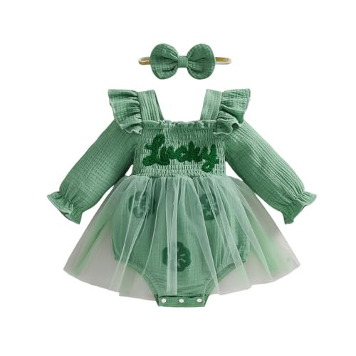 Baby Girl St Patricks Day Outfit Lucky Shamrock Dress Romper Newborn Infant Saint Patricks Four-Leaf Irish Gifts (Green, 0-3 Months) | Amazon (US)
