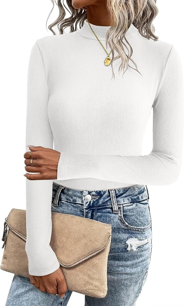 Zeagoo Women's Long Sleeve Stretch Shirts Mock Neck Ribbed T-Shirt Fitted Casual Basic Tops 2024 | Amazon (US)