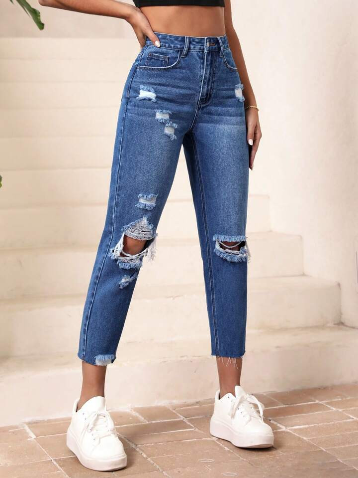 SHEIN Essnce High Waist Ripped Mom Fit Jeans | SHEIN