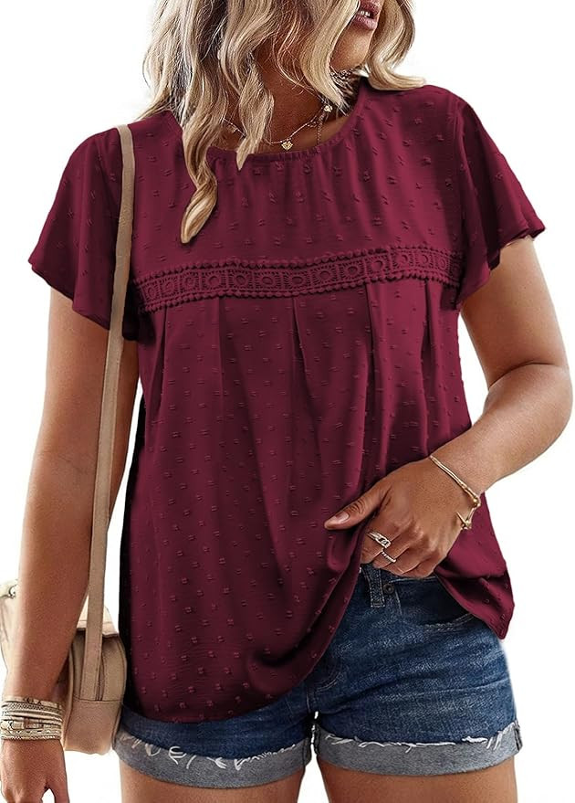 Eytino Plus Size Tops for Women Crewneck Lace Crochet Pom Pom Blouses Summer Short Sleeve Casual ... | Amazon (US)