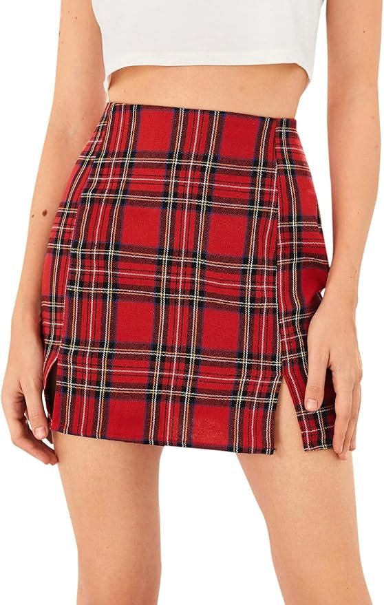WDIRARA Women's Plaid Skirt High Waist Split Front Zip Up Mini Bodycon Skirt | Amazon (US)