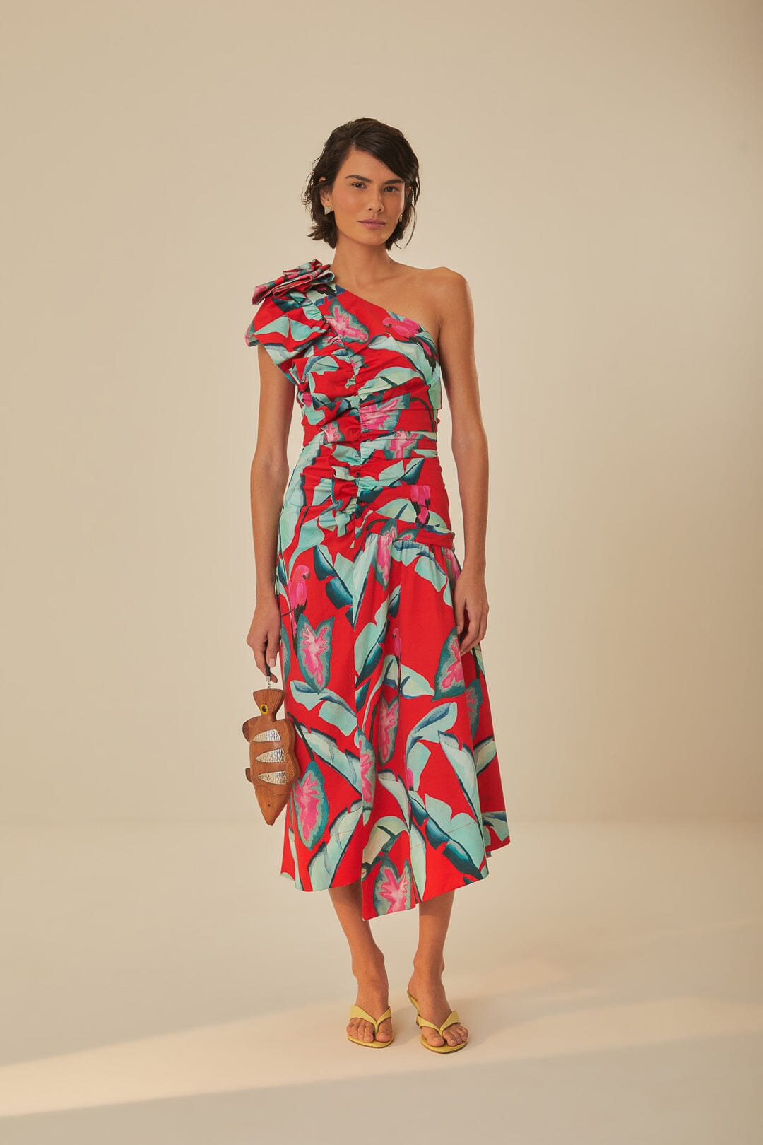 Red Summer Foliage One Shoulder Maxi Dress | FarmRio (US)