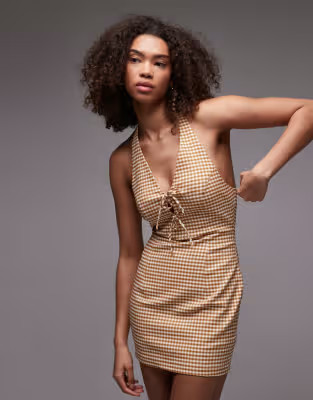 Emory Park gingham halter mini dress in tan | ASOS (Global)