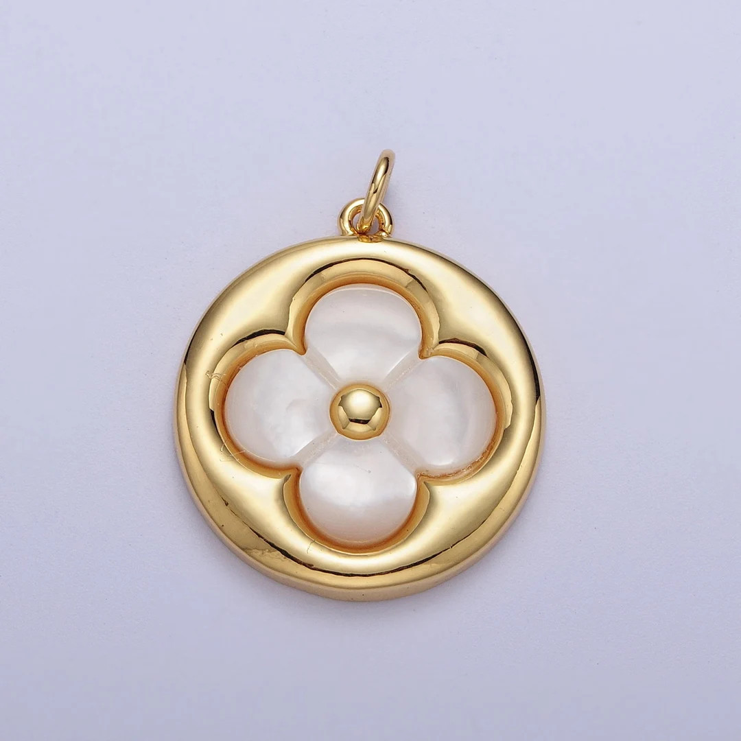 Gold Pearly White Four Leaf Lucky Charm Flower Round Button Charm, 14K Gold Plated Shell Pearl Cl... | Etsy (US)